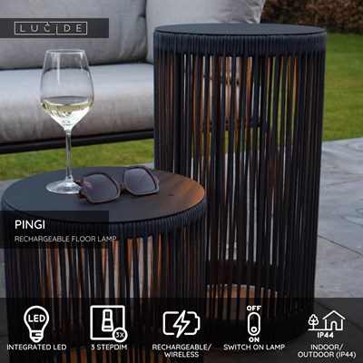 Lucide PINGI - Rechargeable Floor lamp Indoor/Outdoor - Battery pack - Ø 33,5 cm- LED 3 StepDim - 1x3W 3000K - IP44 - Black